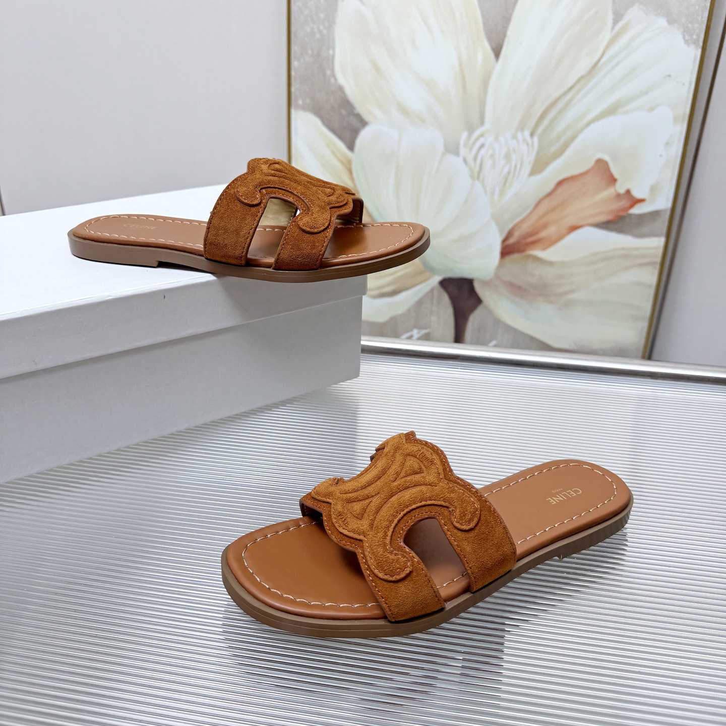Celine Marina Triomphe Mule In Suede Calfskin - DesignerGu
