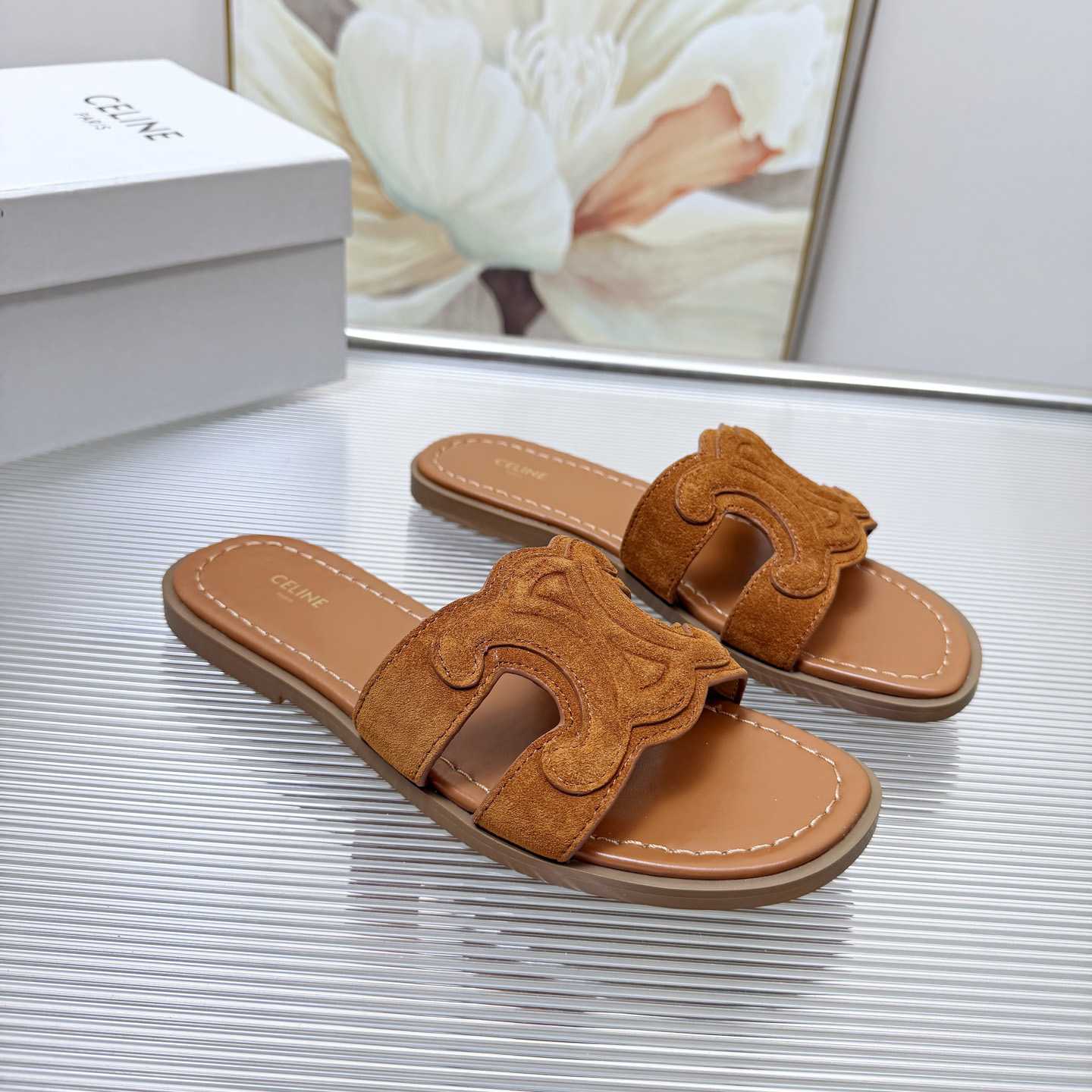 Celine Marina Triomphe Mule In Suede Calfskin - DesignerGu