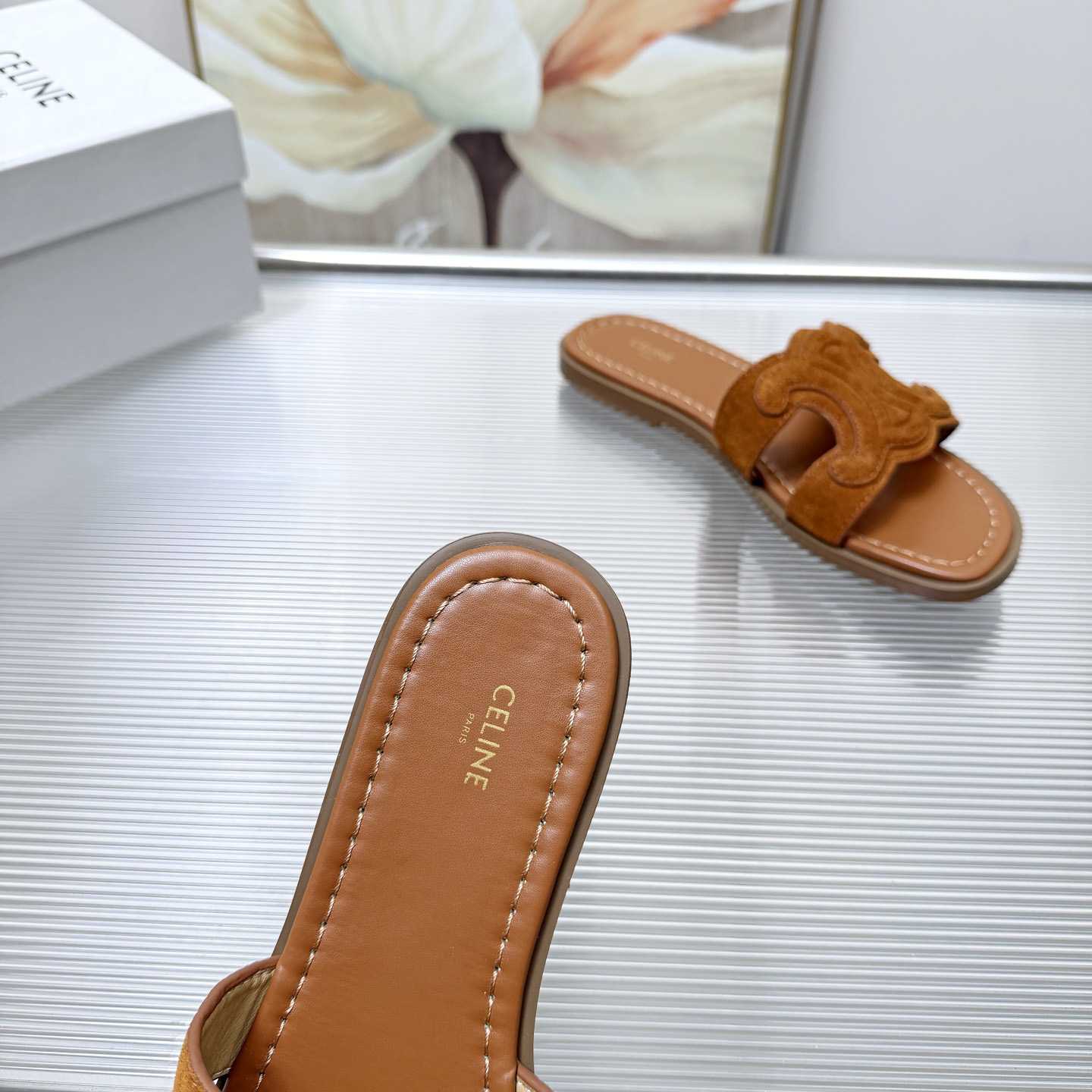 Celine Marina Triomphe Mule In Suede Calfskin - DesignerGu