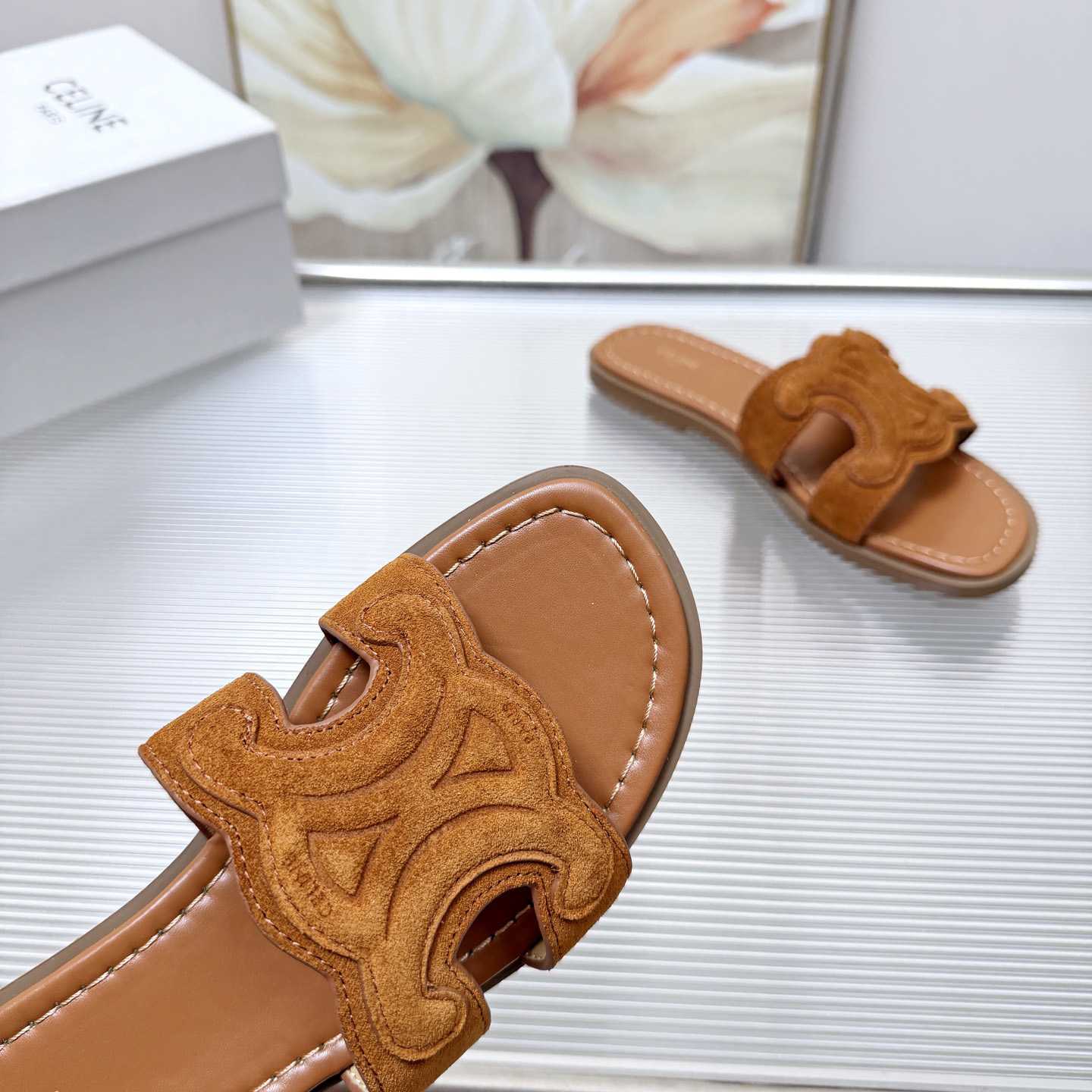 Celine Marina Triomphe Mule In Suede Calfskin - DesignerGu