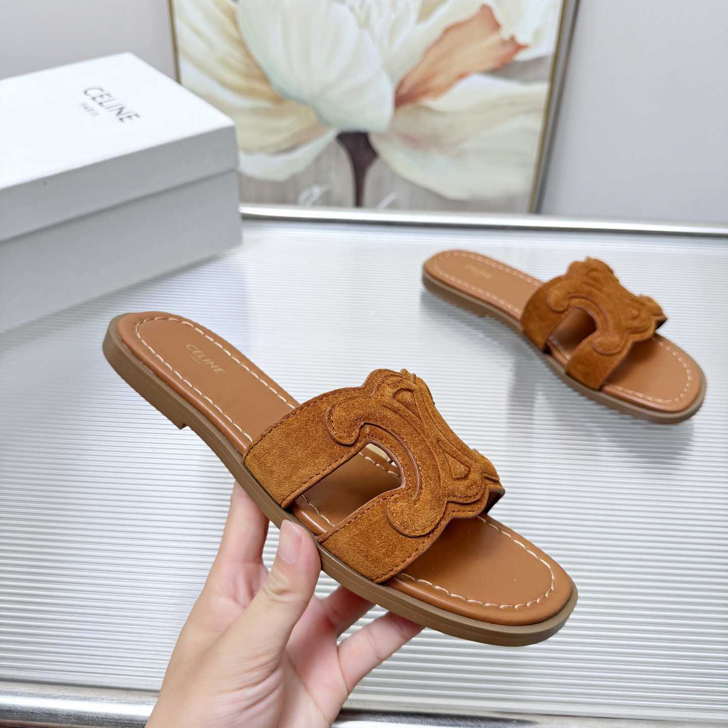 Celine Marina Triomphe Mule In Suede Calfskin - DesignerGu