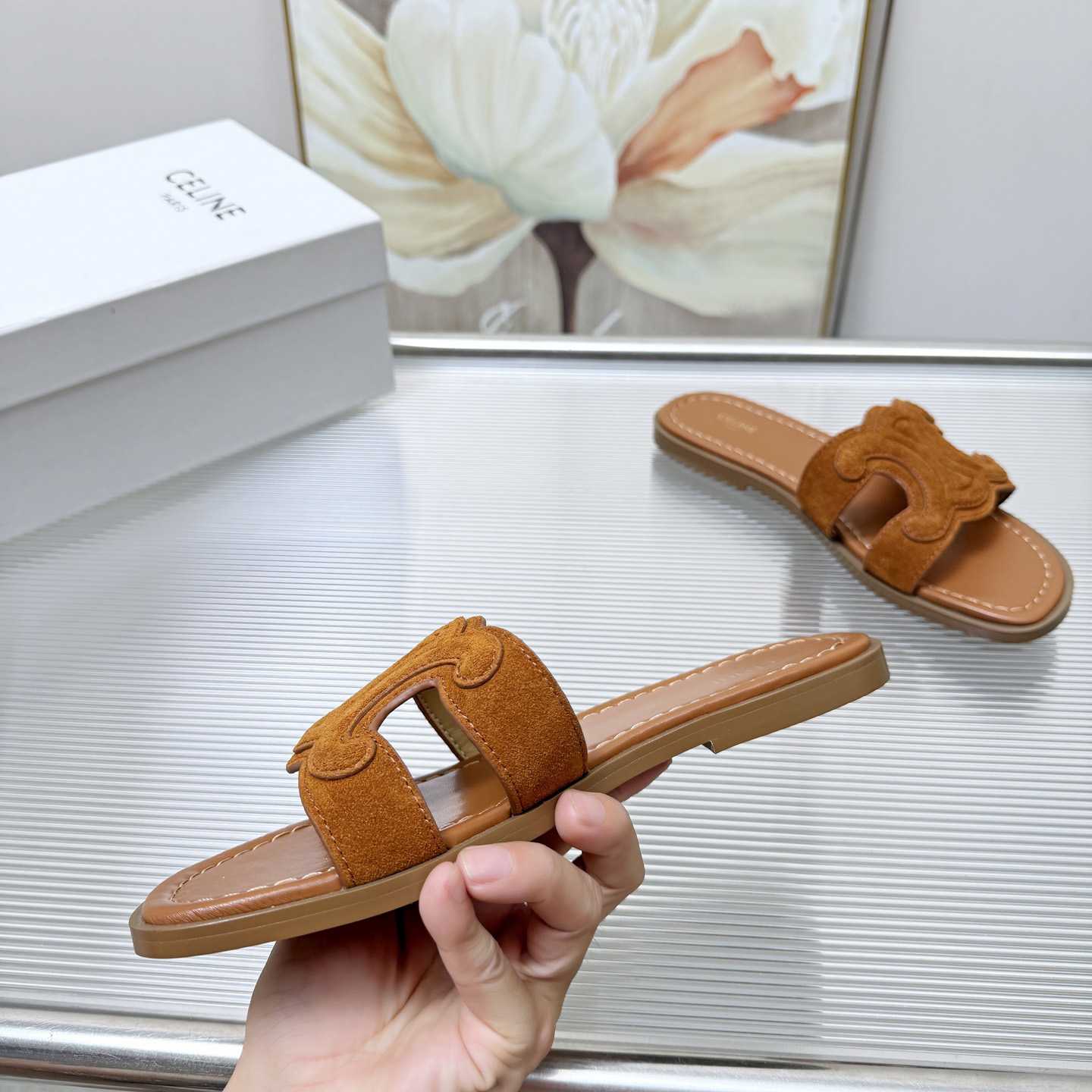 Celine Marina Triomphe Mule In Suede Calfskin - DesignerGu